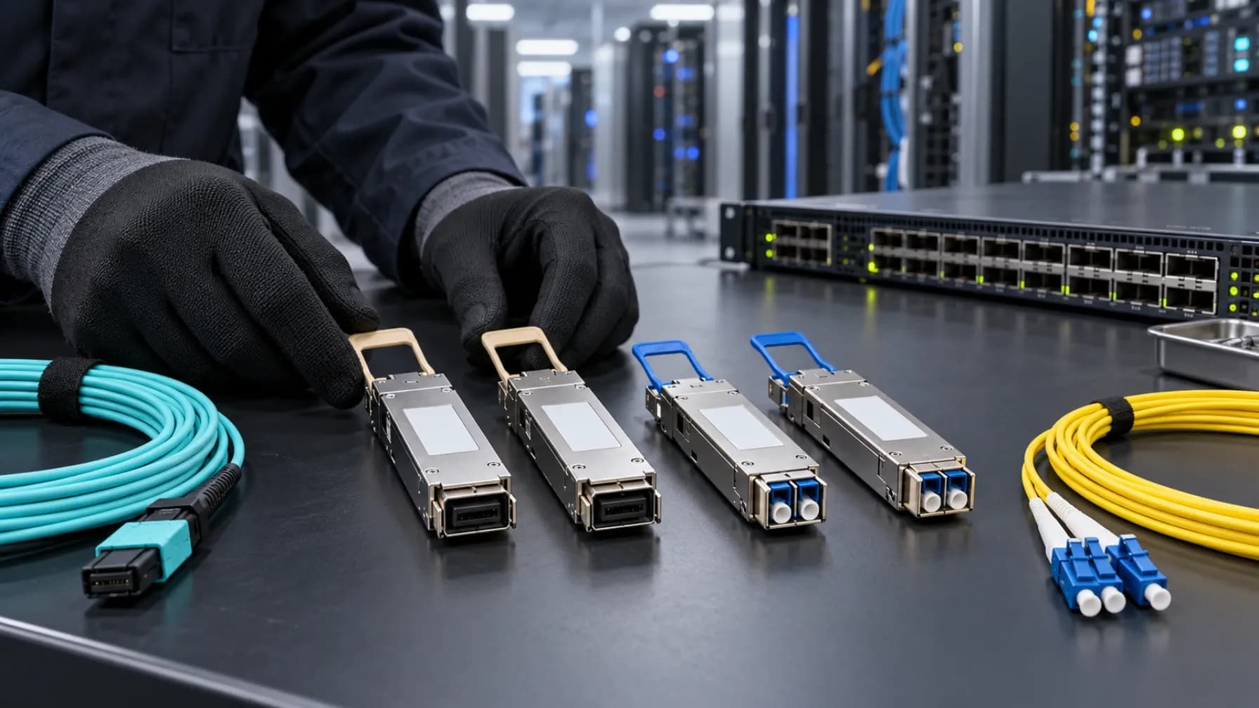 Enterprise data-center technician comparing 100G QSFP28 SR4, LR4, CWDM4, and PSM4 optical transceiver interfaces with MPO and duplex LC fiber