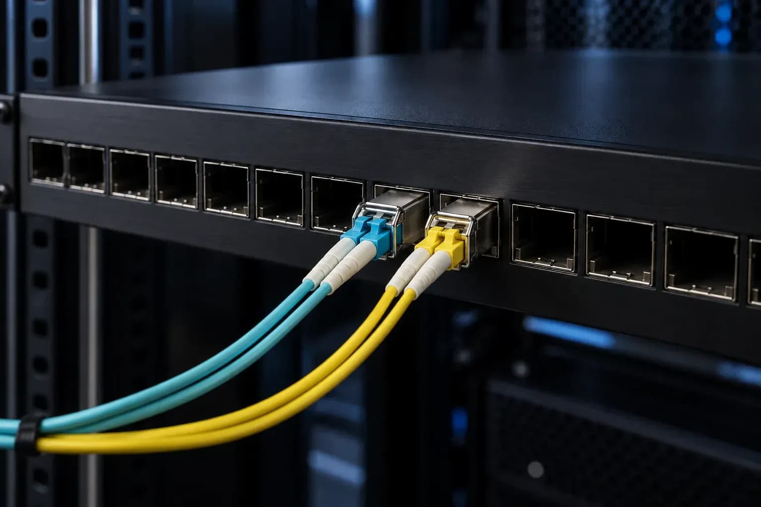 10G SFP+ modules comparing aqua OM3 and yellow OS2 LC duplex fiber in an enterprise switch